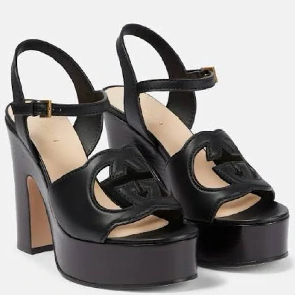 GUCCI Women's Interlocking G Cut-Out Platform Sandals Leather Black - Picture 3 of 12
